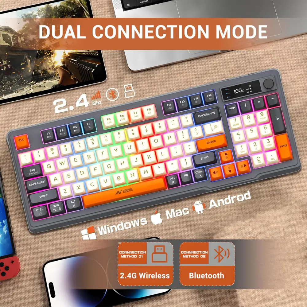 Ant Esports Wireless Gaming Keyboard Grey MK801V2 Pro Rainbow LED view 3